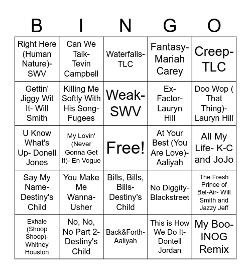 90's R&B Bingo Card