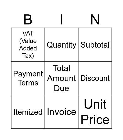 Invoice Bingo Card