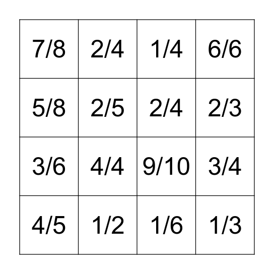 Comparing fractions Bingo Card
