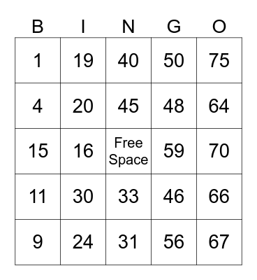 Bingo for kids Bingo Card