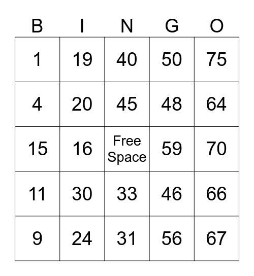 Bingo for kids Bingo Card