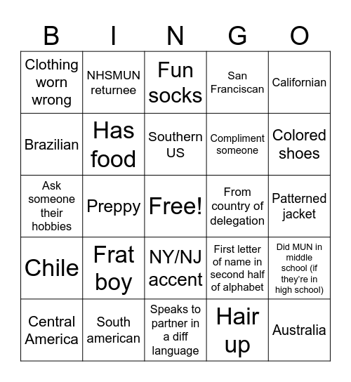 Saturday NHSMUN Bingo Card