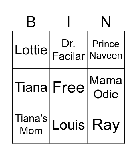 Princess and The Frog Bingo Card