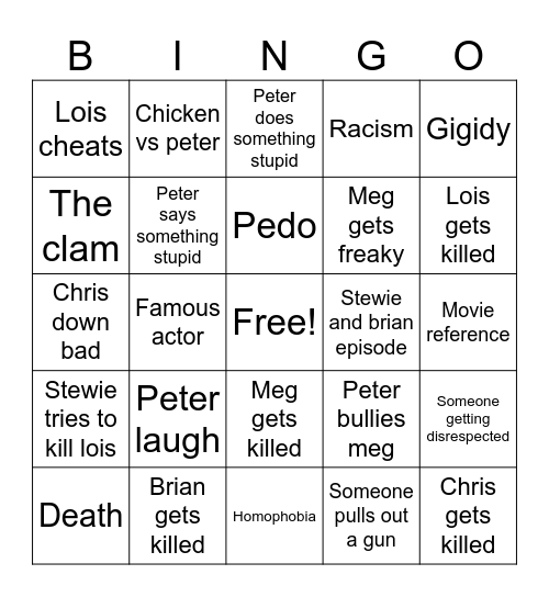 Family guy bingo Card