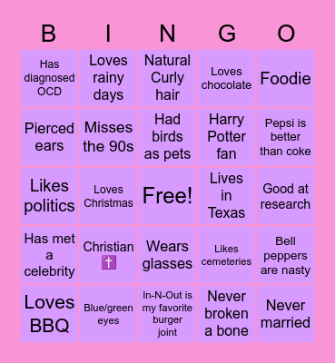 Meghan's bingo card Bingo Card