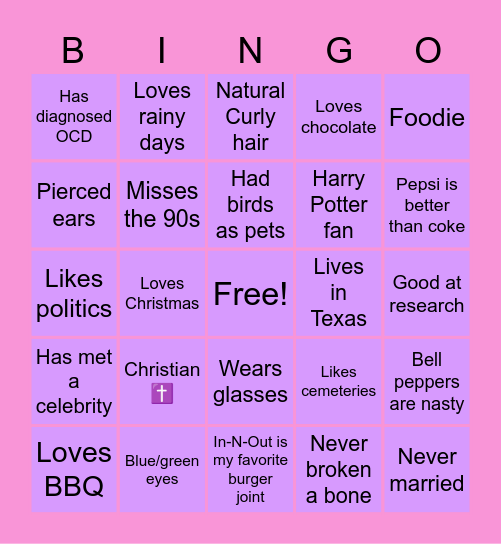 Meghan's bingo card Bingo Card