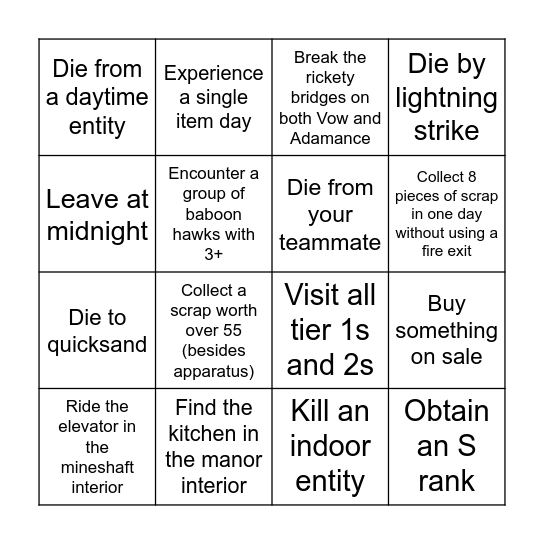 Lethal Company Bingo Card