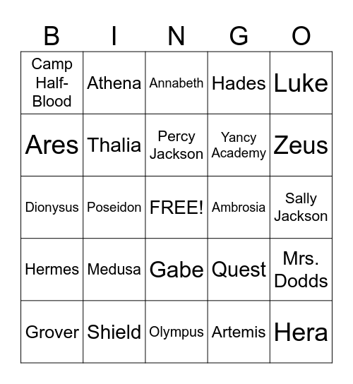 Percy Jackson and the Lightning Thief Bingo Card