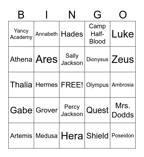 Percy Jackson and the Lightning Thief Bingo Card