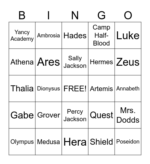 Percy Jackson and the Lightning Thief Bingo Card