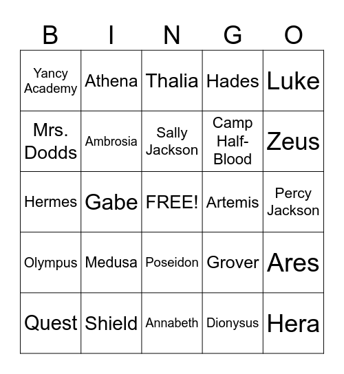 Percy Jackson and the Lightning Thief Bingo Card