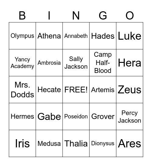 Percy Jackson and the Lightning Thief Bingo Card