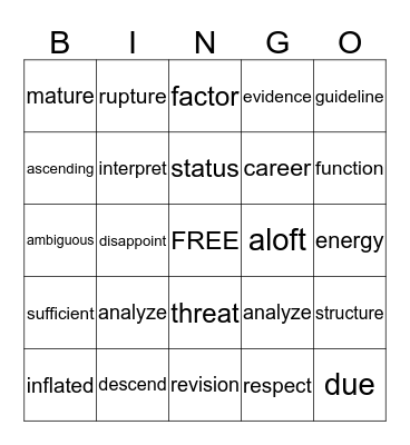 Vocabulary  Bingo Card