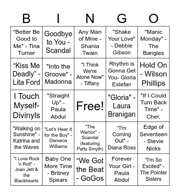 Ladies of the 80s & 90s Bingo Card