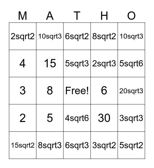 Special Right Triangles Bingo Card