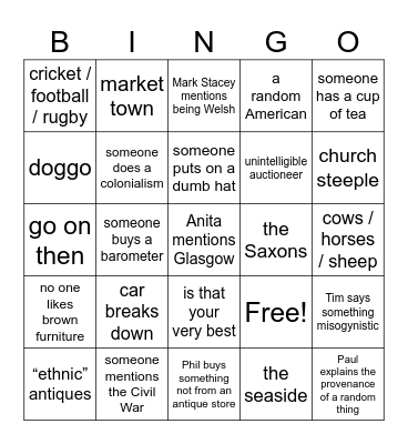 antiques road trip bingo Card