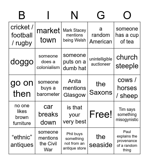 antiques road trip bingo Card