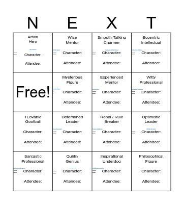 NEXT L Character Bingo Card