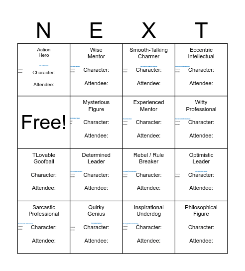 NEXT L Character Bingo Card