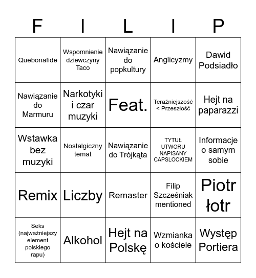 Filip Szcześniak/Taco Hemingway Bingo Card
