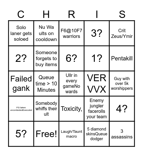 Smite Bingo Card