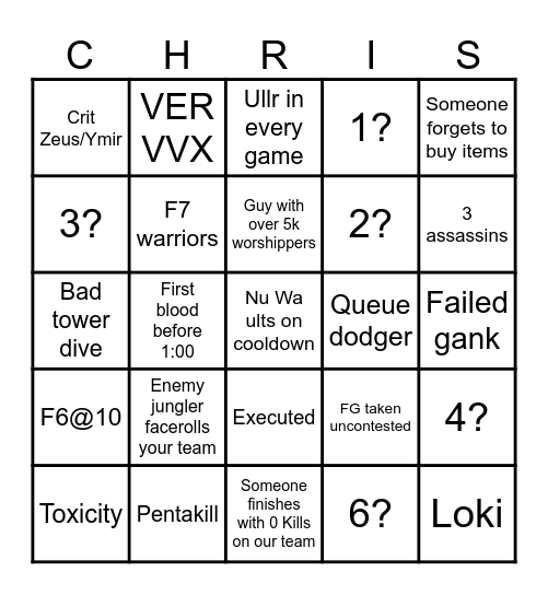 Smite Bingo Card