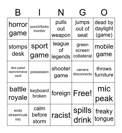 gamer rage Bingo Card