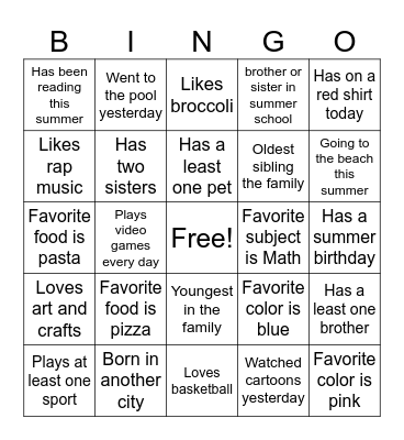 All About Me Bingo Card
