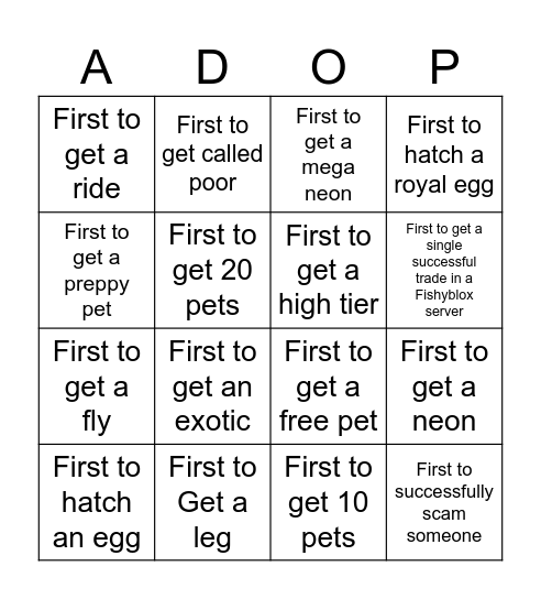 Adopt Me! Bingo Card