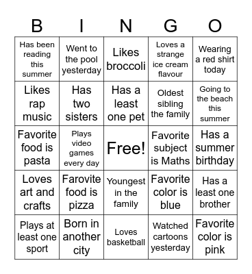All About Me Bingo Card