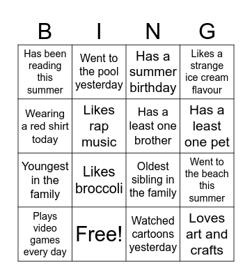 All About Me Bingo Card