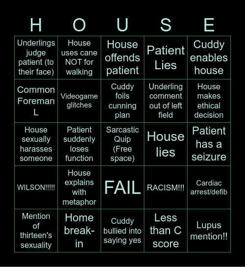 House MD Video Game Bingo Card