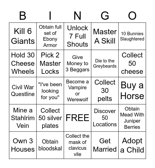 Skyrim Bingo Card