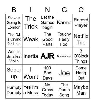 AJR Songs Bingo Card