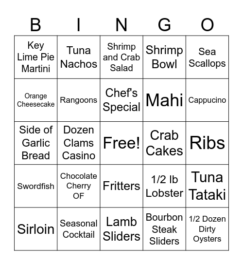 KG OYSTER BAR Bingo Card