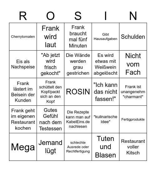 Rosins Restaurants Bingo Card