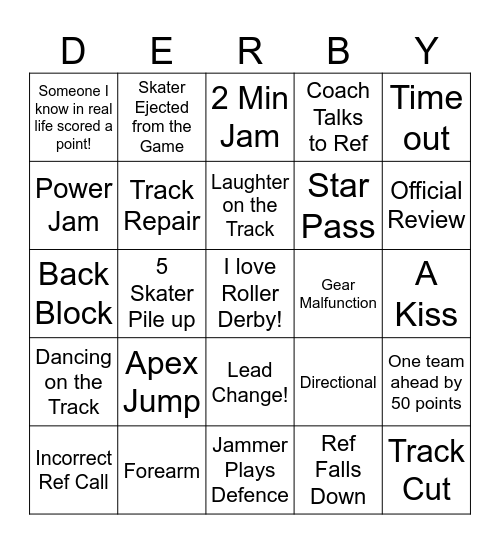 No Borders Derby Bingo Card