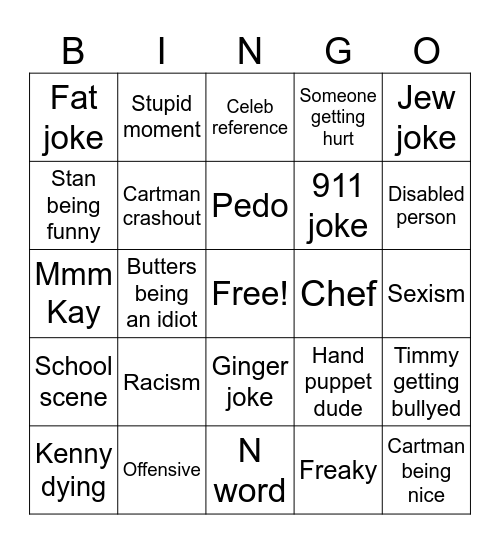 South Park bingo Card