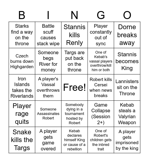 Game of Shenanigans Bingo Card