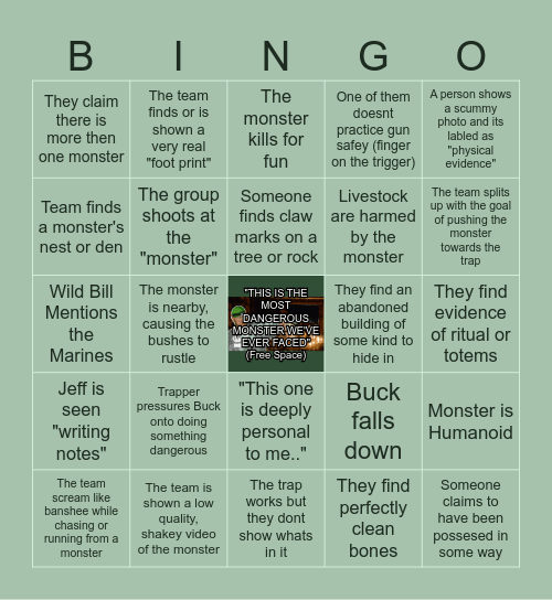 Mountain Monsters(tm) Bingo Card