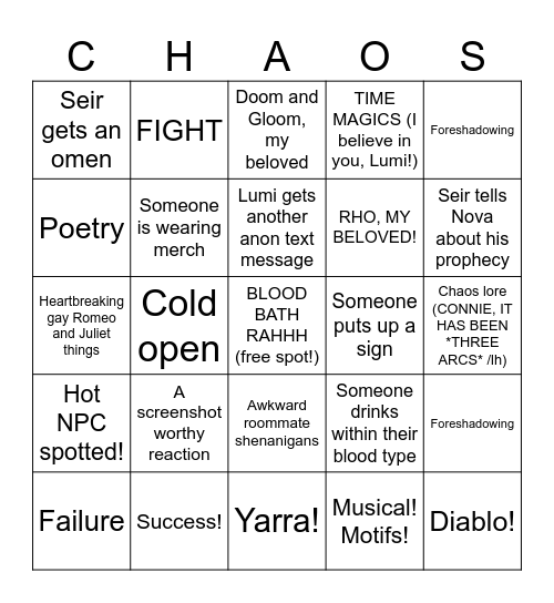 Transplanar CHAOS A3 E21-22 Bingo Card