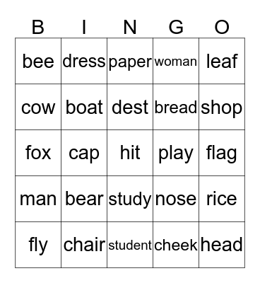 Unit 16 - 20 Bingo Card