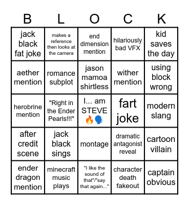 Minecraft Movie Bingo Card