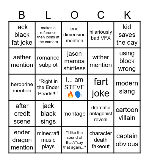 Minecraft Movie Bingo Card