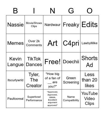 YouTube Shorts Bingo Card