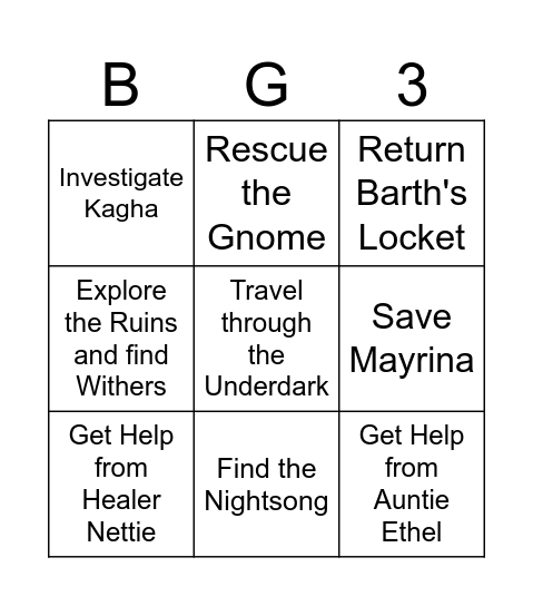 Baldur's Gate III Bingo Card