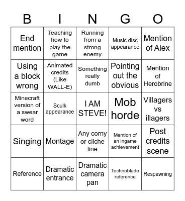 Minecraft movie bingo Card