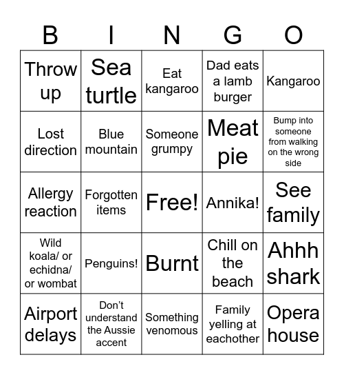 Australian Bingo Card