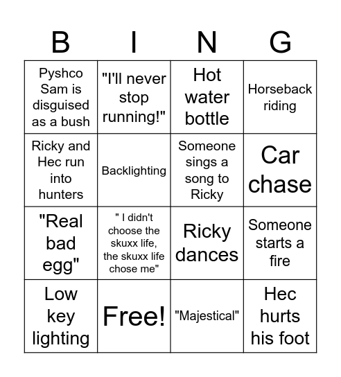 Hunt for the Wilderpeople Bingo Card