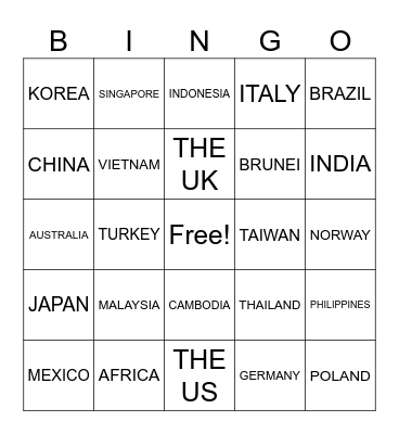COUNTRIES Bingo Card